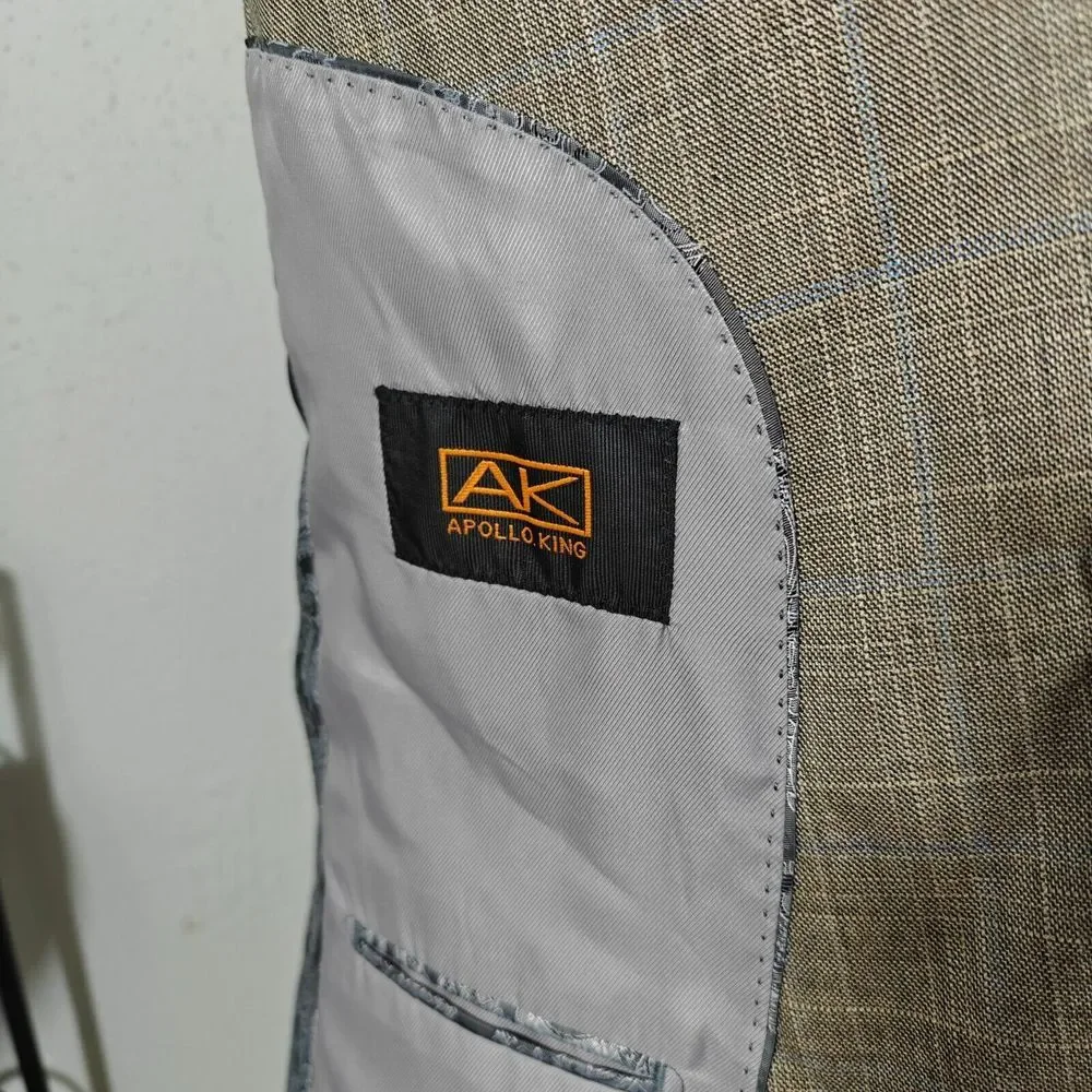 Apollo King Men's Sport Coat Blazer Single Button Brown Plaid 150s Wool Peak 42R